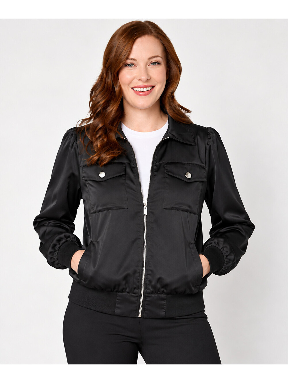 nicole by Nicole Miller Satin Collared Zip Front Jacket Very Black, Size 2X